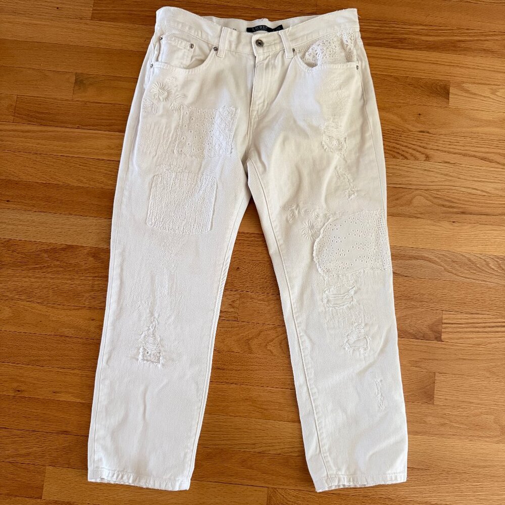 Lauren Ralph Lauren White Eyelet Patchwork Distressed White Girlfriend Jeans